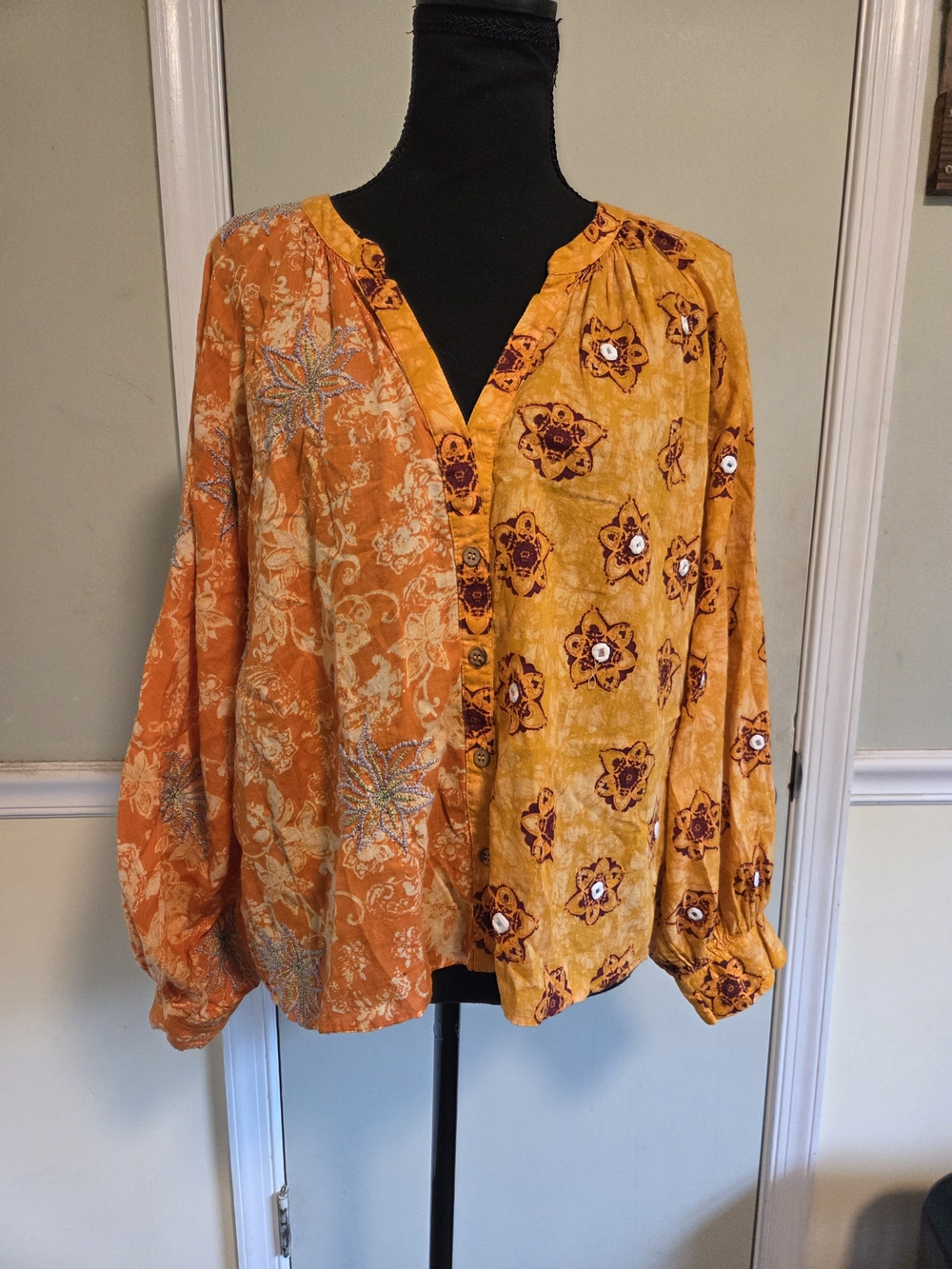 Zara Orange and Golden-Yellow Patchwork Button-Front Blouse